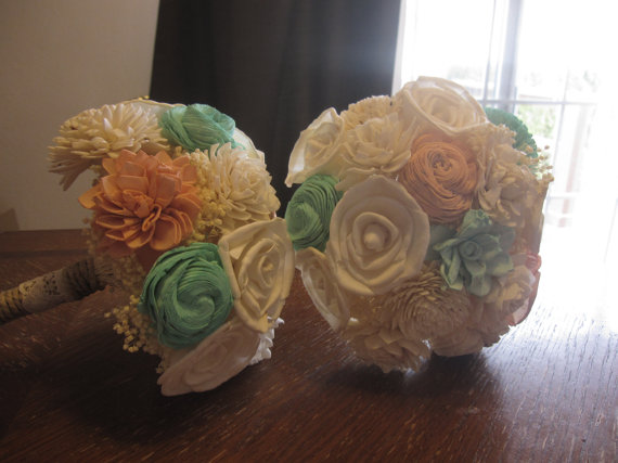 Hochzeit - Bridal Bridesmaid Bouquet Custom Made Peach Mint Dried Flowers Sola Flowers Shabby Chic Wedding