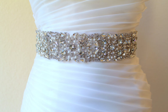 Свадьба - Sale 10% off.  Bridal beaded couture crystal sash. Rhinestone pearl luxury wedding belt, 2 inches wide. MAGNIFICAT