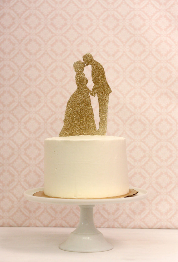 Silhouette Wedding Cake Topper In Gold Glitter Customized With