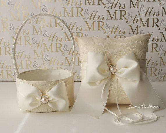 Hochzeit - Ivory Laced Ring Bearer Pillow and Flower Girl Basket Set - (Custom Made)