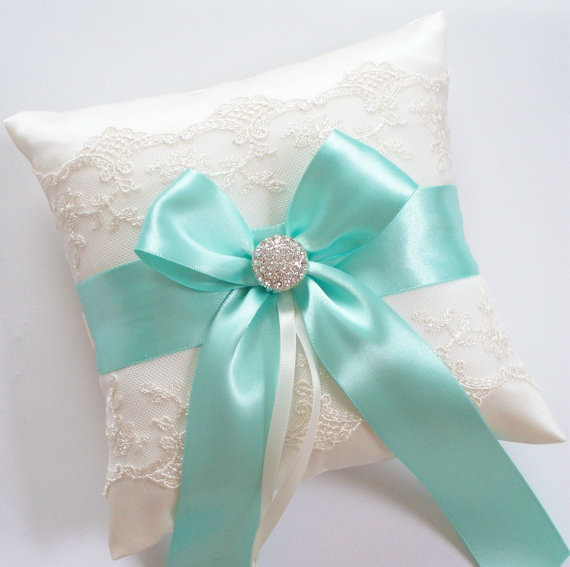 Hochzeit - Wedding Ring Pillow, Aqua Blue Ribbon Pillow, with Ivory Net Lace, Rhinestone Centered Satin Bow