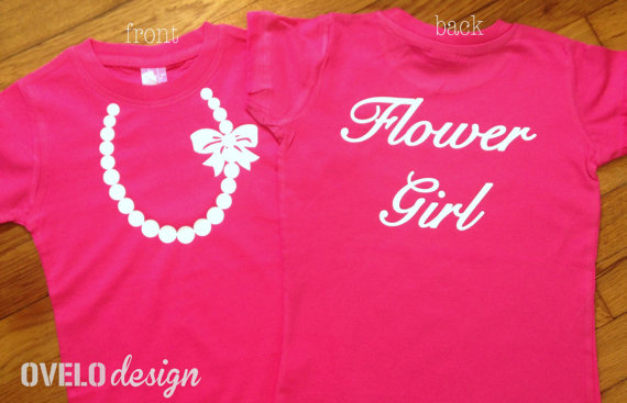 Wedding - Wedding Flower Girl T-shirt on back White Pearl Necklace on Front