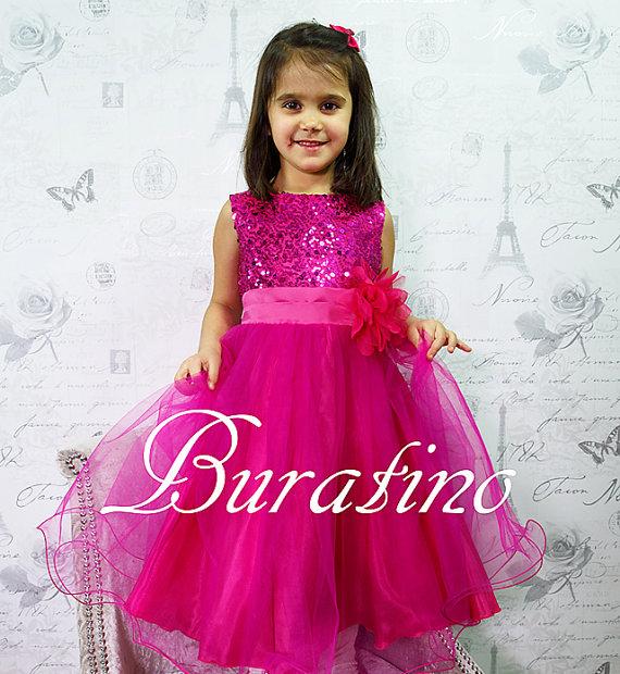 Wedding - Flower Girl Dress Fuchsia  Sequin Double Mesh Flower Girl  Special occasion Toddler girl Dress (ets0155fch)