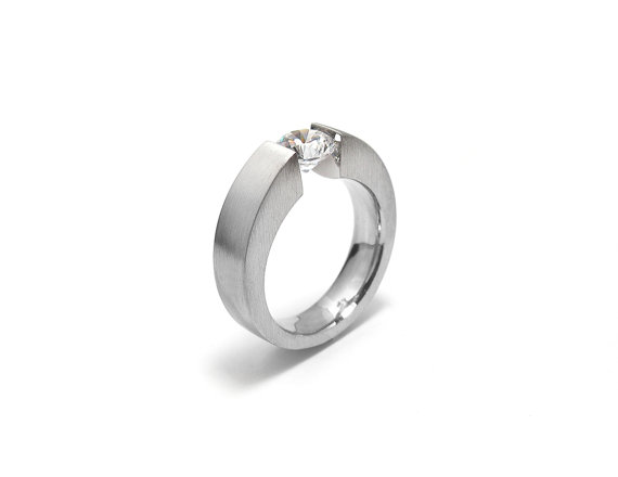 Hochzeit - White Sapphire Engagement Ring Tension Set Steel Modern Style