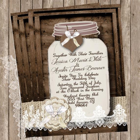 Mariage - Burlap and Lace, Mason Jar, Wedding Invitation, Rustic  Wood, Twine, Printable, Digital File, Personalized, 5x7,