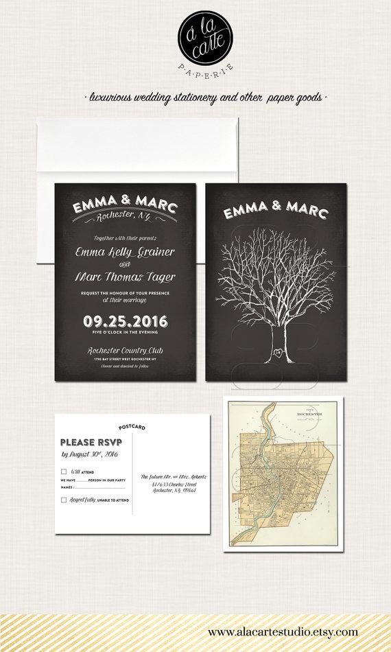 زفاف - Tree with Initials Chalkboard  Wedding Invitation Card and RSVP Card Design fee - Oak tree wedding invitation and vintage map RSVP card