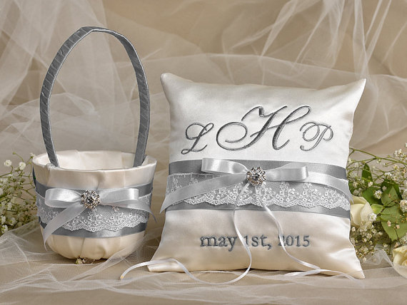 زفاف - Flower Girl Basket & Ring Bearer Pillow Set , Lace, Monogrammed  wedding date, Custom colors