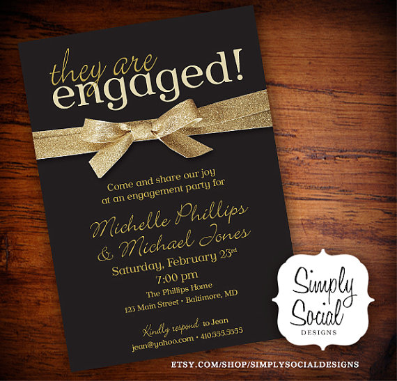 Wedding - Black and Gold Glitter Ribbon Engagement Party Invitation