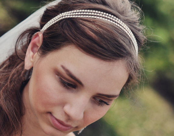 Wedding - Three Row Diamond Wedding Tie On Headband - Bridal Rhinestone Headpeice - Hair Accessory - Rhinestone Headband