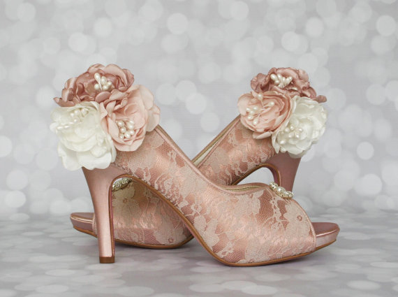 Hochzeit - Wedding Shoes -- Antique Pink Wedding Shoes with Lace Overlay and Trio of Flowers on Ankle
