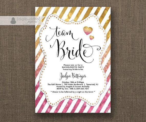Wedding - Team Bride Gold & Pink Bokeh Bachelorette Party Invitation Heart Modern Bridal Lingerie FREE PRIORITY SHIPPING or DiY Printable - Jaclyn
