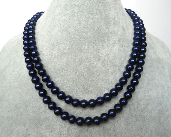 Wedding - Pearl Necklace,Navy Blue Pearl Necklace,Glass Pearl Necklace,Two Strands Pearl Necklace,Wedding Jewelry,Bridesmaid necklace,Wedding necklace