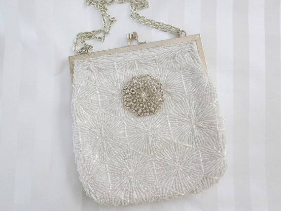 زفاف - Vintage Ivory Beaded Wedding hand bag clutch Purse