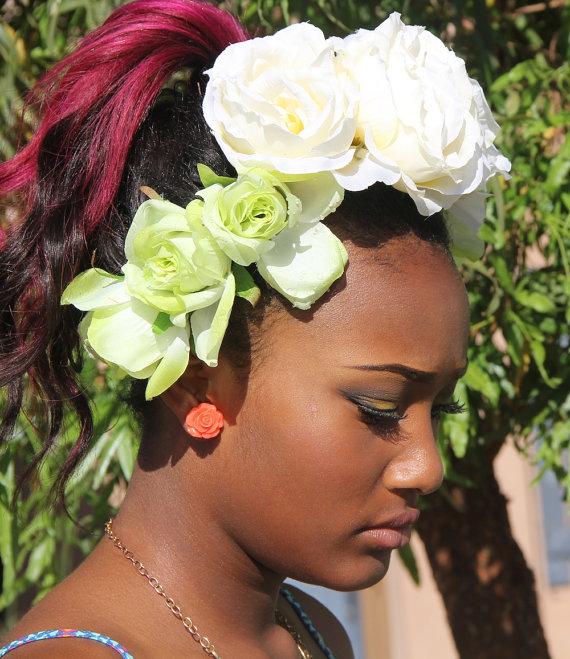 Hochzeit - Big White  Roses -   Wedding Crown - Coachella Flower Headband -  Green  Halo Crown -    White Flower child Crown -  Green Sun Goddess