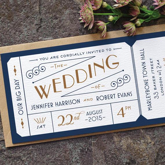 Mariage - Formal Admission Ticket Wedding Invitation / 'Just the Ticket' Art Deco 1920s Wedding Invite / Navy Blue Gold / Custom Colours / ONE SAMPLE