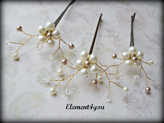 Wedding - Bridal Flower Bobby Pins, Swarovski Ivory Champagne pearl, Wedding Accessories, Pearl hair clips, Gold, Bridesmaid hair do, Pearl hair piece
