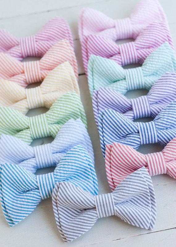 Wedding - The Beau- boy's classic stripe seersucker double stacked bow ties- choose from 13 shades (clip or strap selection)