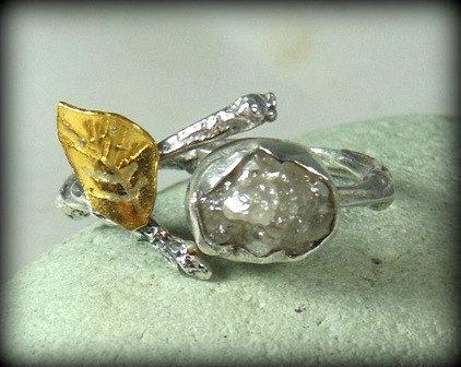 Hochzeit - Rough diamond engagement ring, raw diamond, silver and yellow gold twig ring,  statement ring, gemstone ring