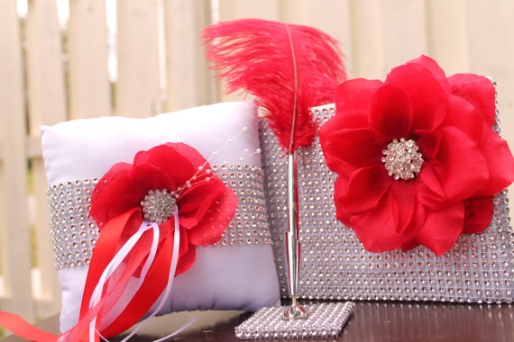 Hochzeit - Roses are red Wedding package...........Bling guest book, rhinestone pen, and ring pillow