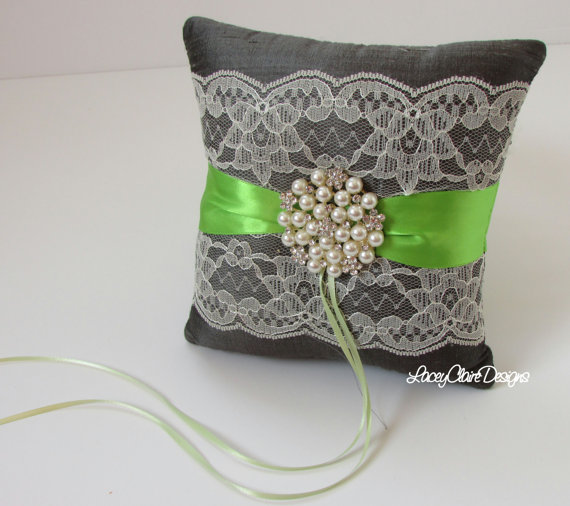 Hochzeit - Wedding Ring Pillow - READY TO SHIP -  Charcoal Gray and Lime
