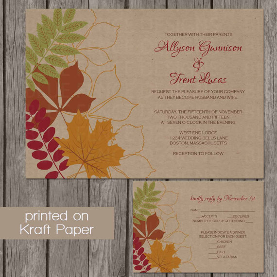 Hochzeit - Fall Kraft Paper Invitation with Autumn Leaves