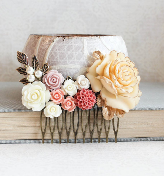 Свадьба - Bridal Hair Comb Peach Floral Collage Comb Dusty Rose Pink Flowers for Hair Romantic Country Wedding Bridemaids Gifts Bridal Hair Piece