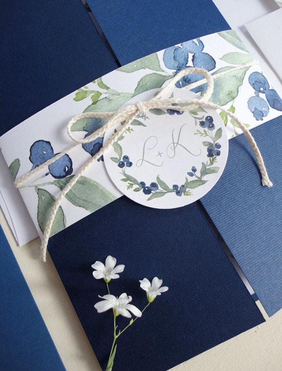 Свадьба - Watercolor Blueberries Wedding Invitation Set Sample