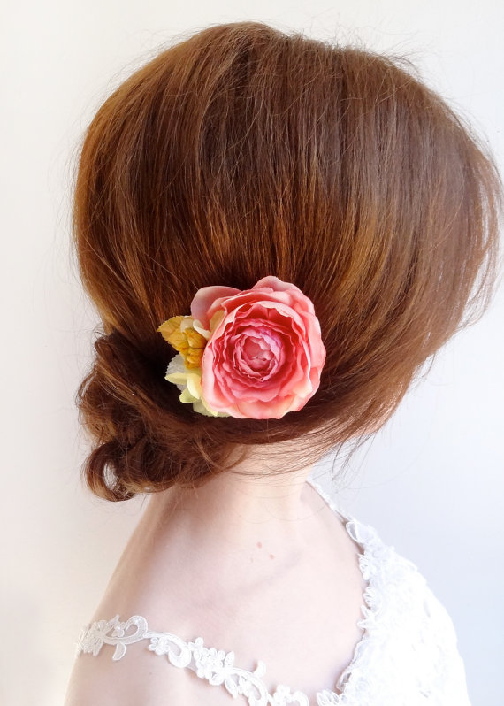 coral flower hair pins