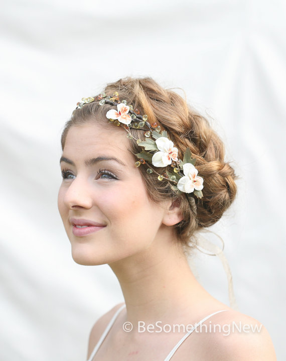 زفاف - Woodland Wedding Hair Wreath with Vintage Velvet Pansies Wedding Hair Accessory Flower Festival Crown