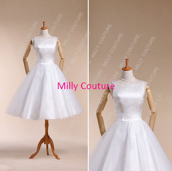 Mariage - simple short wedding dress, vintage 1950s wedding dress, tea length wedding dress, Vintage 1950s dress, item number:Angel