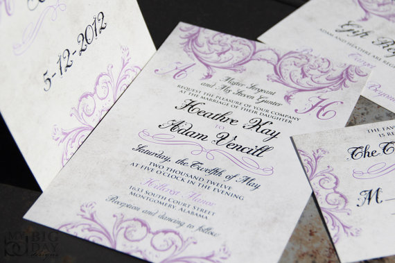 زفاف - Classic, Elegant, Vintage Victorian Wedding Invitations. Victorian scroll wedding invitations. Lavendar wedding invitations