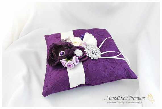 Hochzeit - READY TO SHIP Wedding Ring Pillow with Lace  Brooches Crystals Handmade Flowers in shades of Purple and Ivory