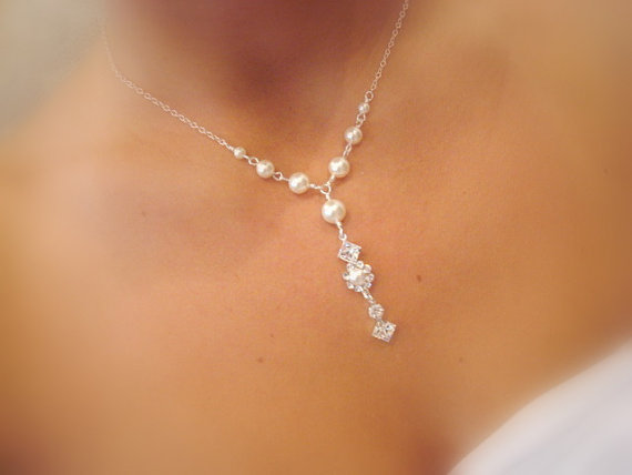 زفاف - Bridal necklace, pearl necklace, Swarovski crystal necklace, wedding necklace, delicate, bridesmaid, sterling silver