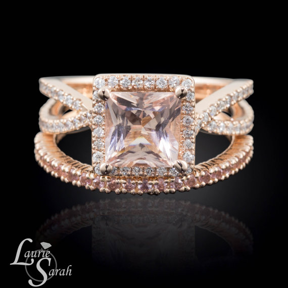 Wedding - Princess Cut Morganite Ring, Morganite Engagement Ring, Diamond Halo Engagement Ring, Peach Sapphire Wedding Band - LS3550