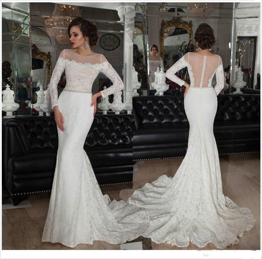 Hochzeit - 2015 Vitange Sexy Sheer Neck Wedding Dresses Belt Full Lace Mermaid See Through Back Court Train Long Sleeves Bridal Gown Custom Made Online with $125.5/Piece on Hjklp88's Store 