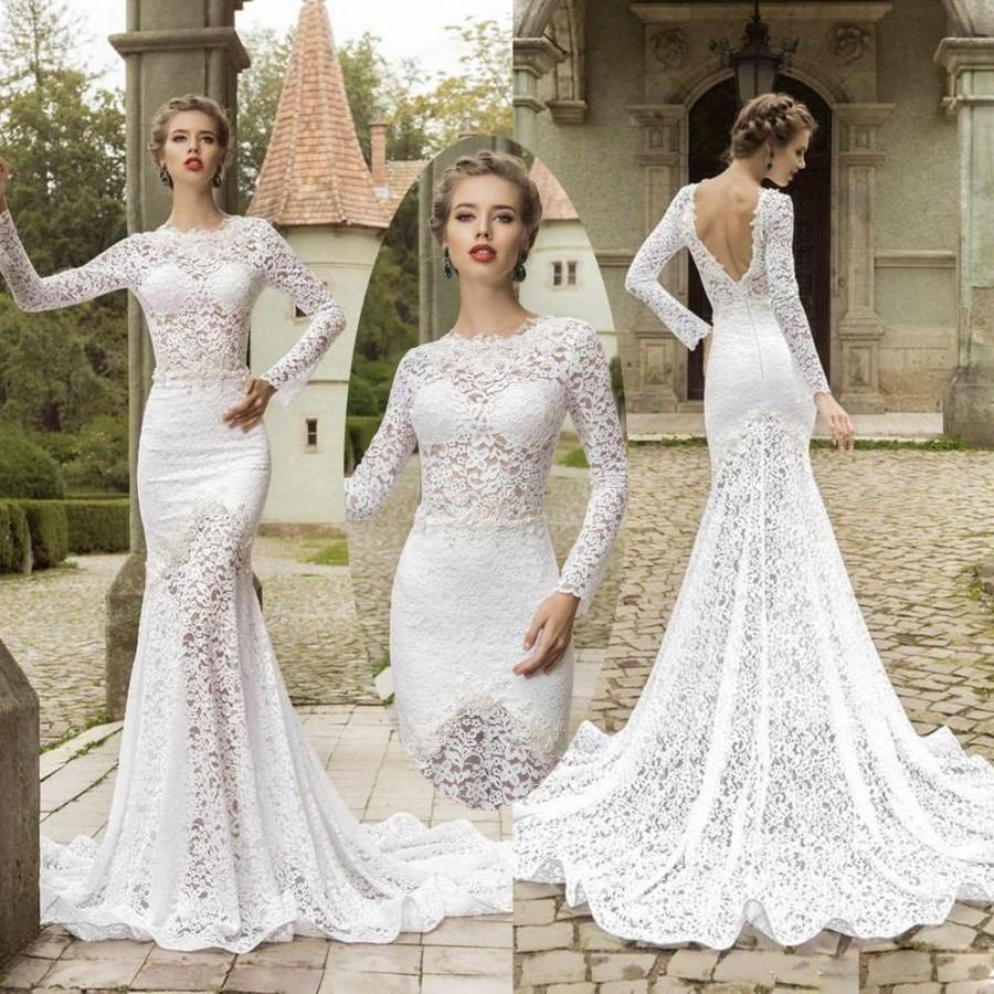 Elegant Long Sleeve Lace Mermaid Wedding Dresses Backless ...