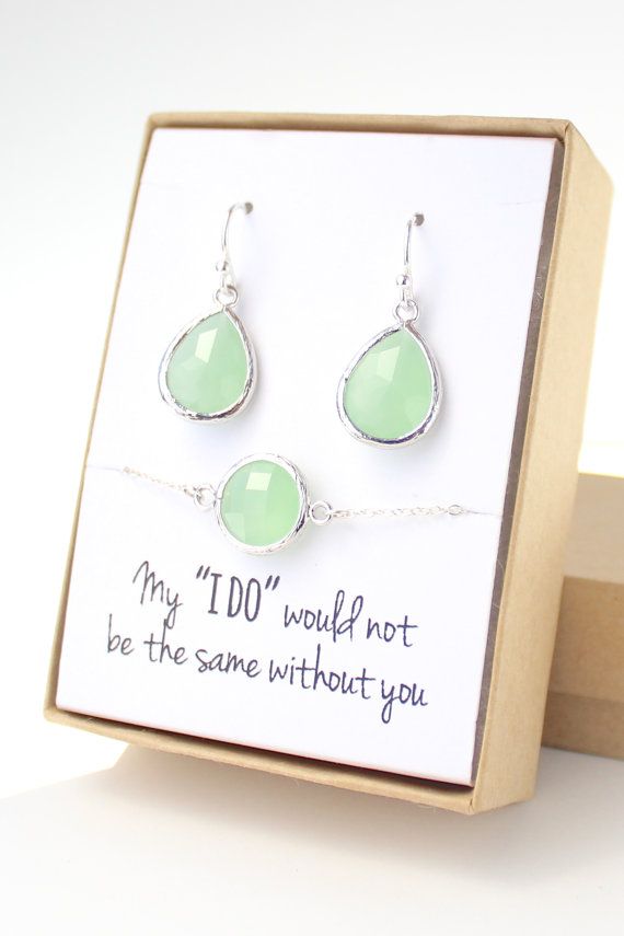 Wedding - Light Mint / Silver Teardrop Earring And Round Bracelet Set - Bridesmaid Earring And Bracelet Set - Mint Bridesmaid Jewelry Set - EBB1