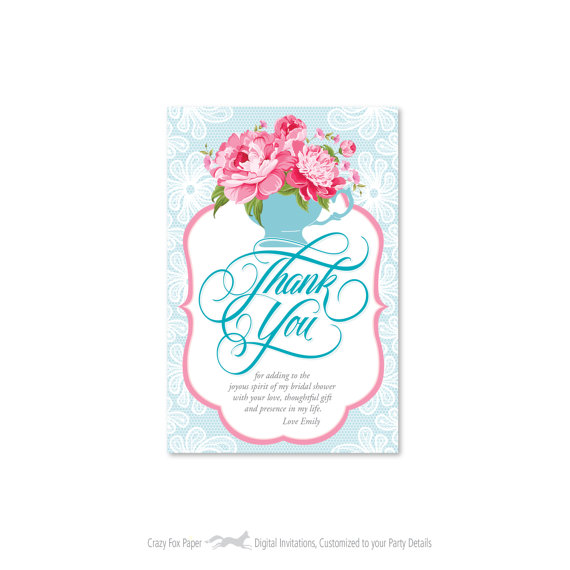 Hochzeit - Bridal Shower Thank You Card, Customized Printable DIY, Teacup, Peonies, Lace - Thank You