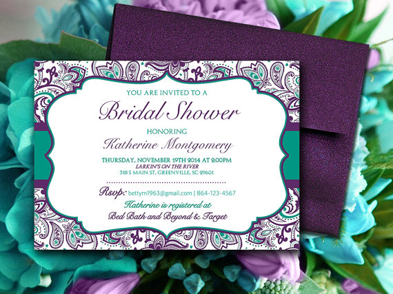 زفاف - Bridal Shower Invitation Template - Teal Green Eggplant Plum Purple "Chic Paisley" - Instant Download Shabby Chic Bridal Luncheon Template