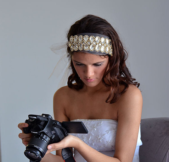 زفاف - Bridal  Gold  Rhinestone Headband,  Wedding Headband, Bridal Veil, Wedding Hair Accessory,  Bridal Hair Accessories