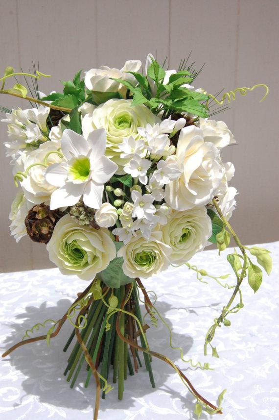 زفاف - Clay Bouquet, Bridal bouquet, White and Green, Natural look bouquet, Down Payment ONLY