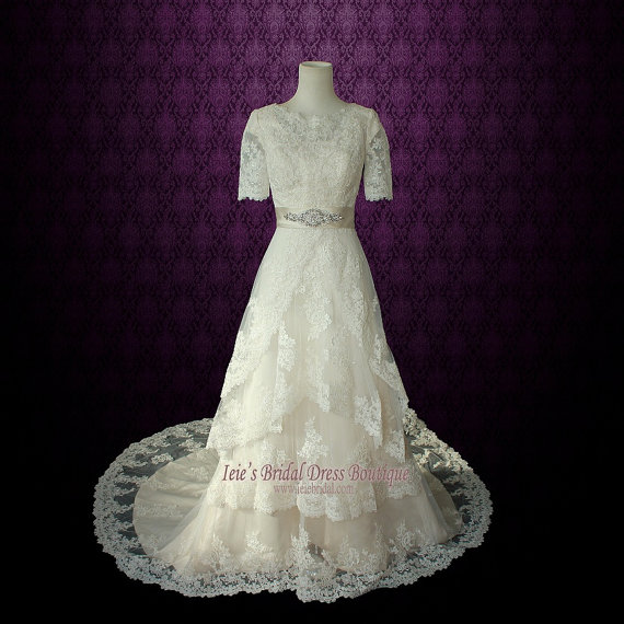 Hochzeit - Modest Lace Wedding Dress with Round Jewel Neck Vintage Lace Wedding Dress with Sleeves