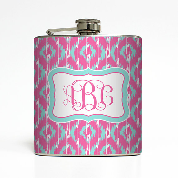 Свадьба - Pink Tiffany Blue Ikat Custom Personalized Monogram Flask Initials 21 Bridesmaid Gifts - Stainless Steel 6 oz Liquor Hip Flask LC-1057