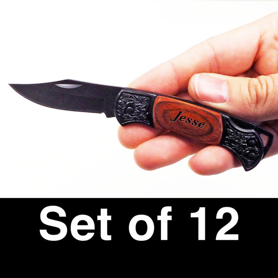 زفاف - Engraved Knives, Set or 12 Small Custom Personalized Engraved Honed Blade Pocket Knives with Laminated Wood Handle, Eedding, Groomsmen