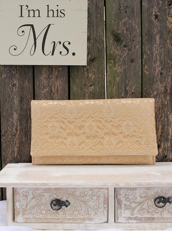 Mariage - Gold Wedding Clutch, Gold Bridesmaid Clutch, Gold Floral Lace Clutch, Lace Wedding Clutch, Bridesmaid Gift Idea, Personalized Clutch