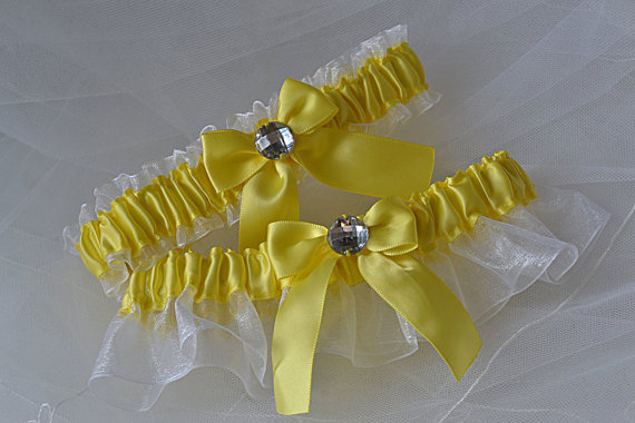 Hochzeit - Garter, Wedding Garters in Canary Yellow And White Sheer Organza