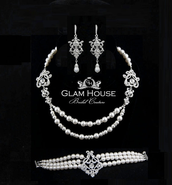 زفاف - Pearl Jewelry Set- Bridal pearl earrings,Pearl Bridal Necklace and bridal pearl bracelet- Swarovski Crystal Pearl