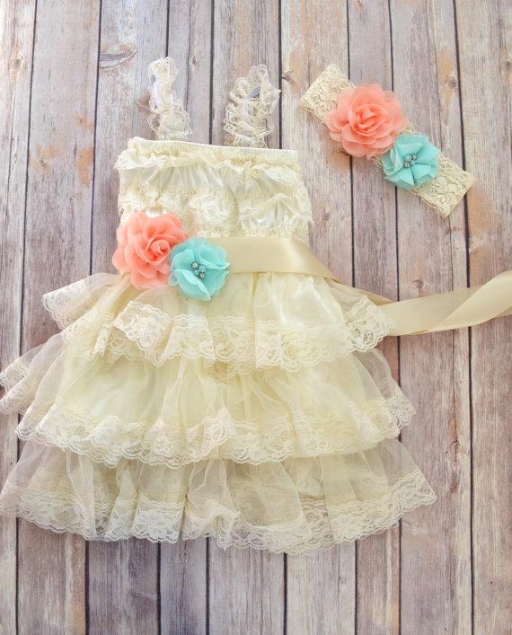 Mariage - Coral Mint Ivory Lace Flower Girl Dress Headband set, Peach Wedding dress, Coral mint Wedding, Green Wedding,  Vintage Style Petti Dress