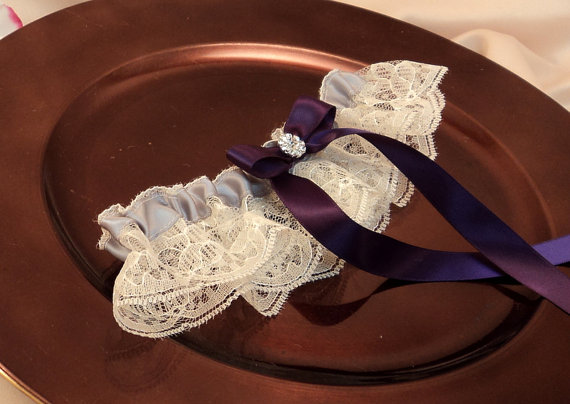 Wedding - Lovely Vintage Style White Lace Garter with Pretty Rhinestone Accents...shown in ivory/silver gray/eggplant
