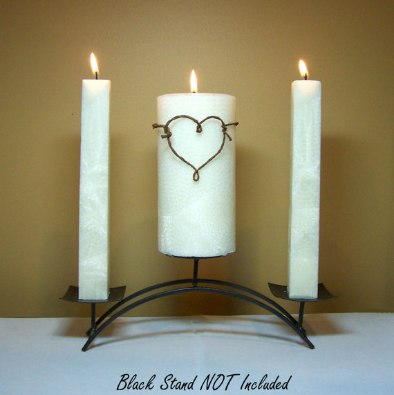 Mariage - Rustic Unity Candle Set for Weddings: 6" White Pillar with Two 8" Candlesticks